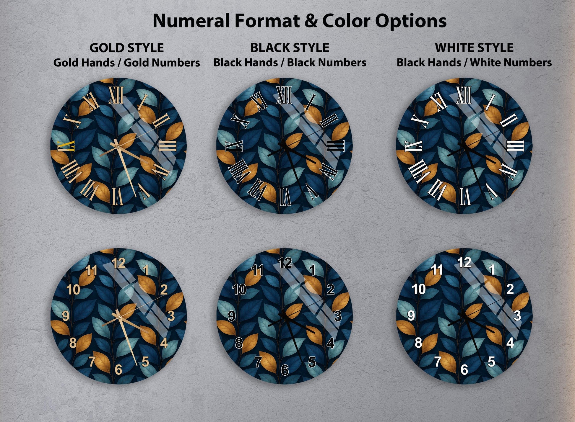 six different clock designs with various styles and color options, including gold, black, white, and leaf-patterned designs.