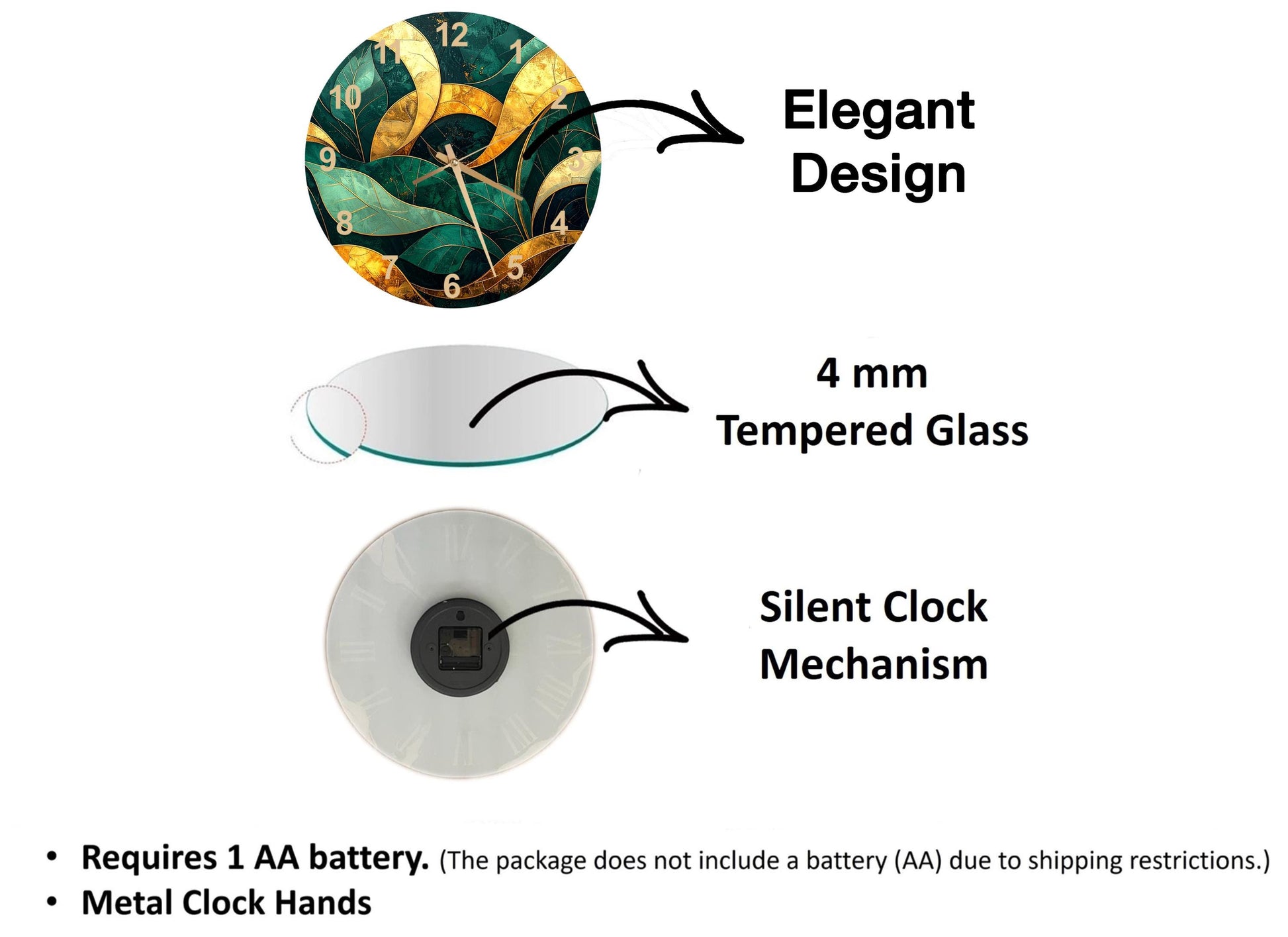 The image is a diagram that illustrates the features of a clock, including its design, materials, and mechanism. It shows a 4 mm Tempered Glass clock, a silent clock mechanism, and a metal clock hand. The diagram also includes text that explains the features of the clock, such as the requirement of a 1 AA battery and the absence of a battery (AA) due to shipping restrictions.