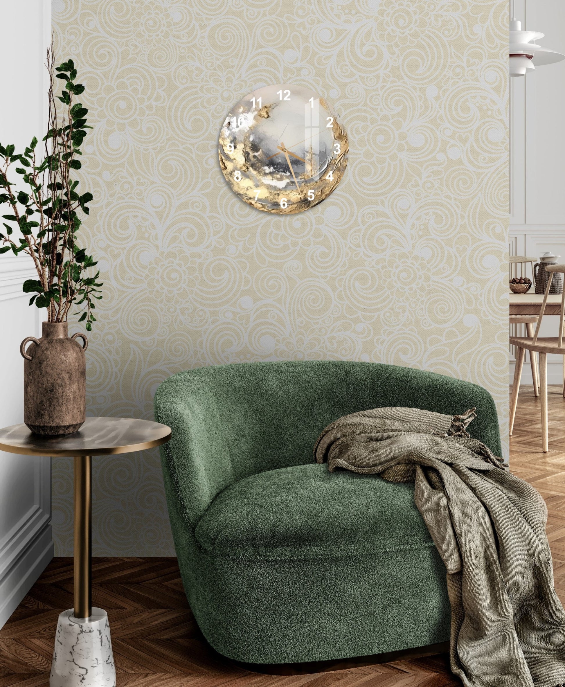 a living room with a green chair and a round mirror