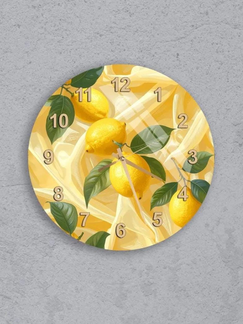 six round clocks with yellow lemon designs on them, arranged in a grid pattern on a gray background.