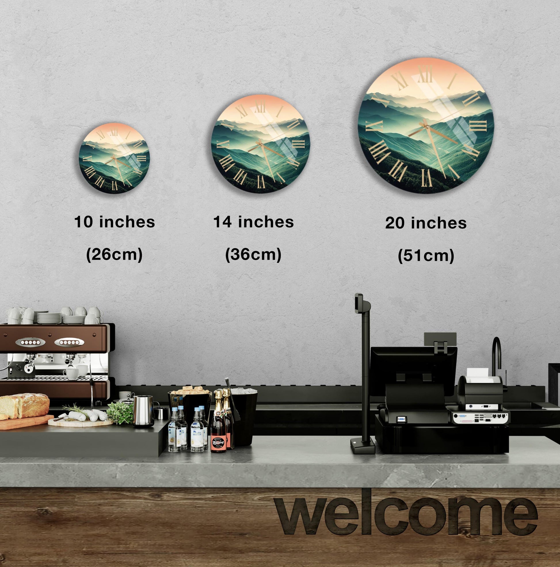a coffee shop with three clocks on the wall