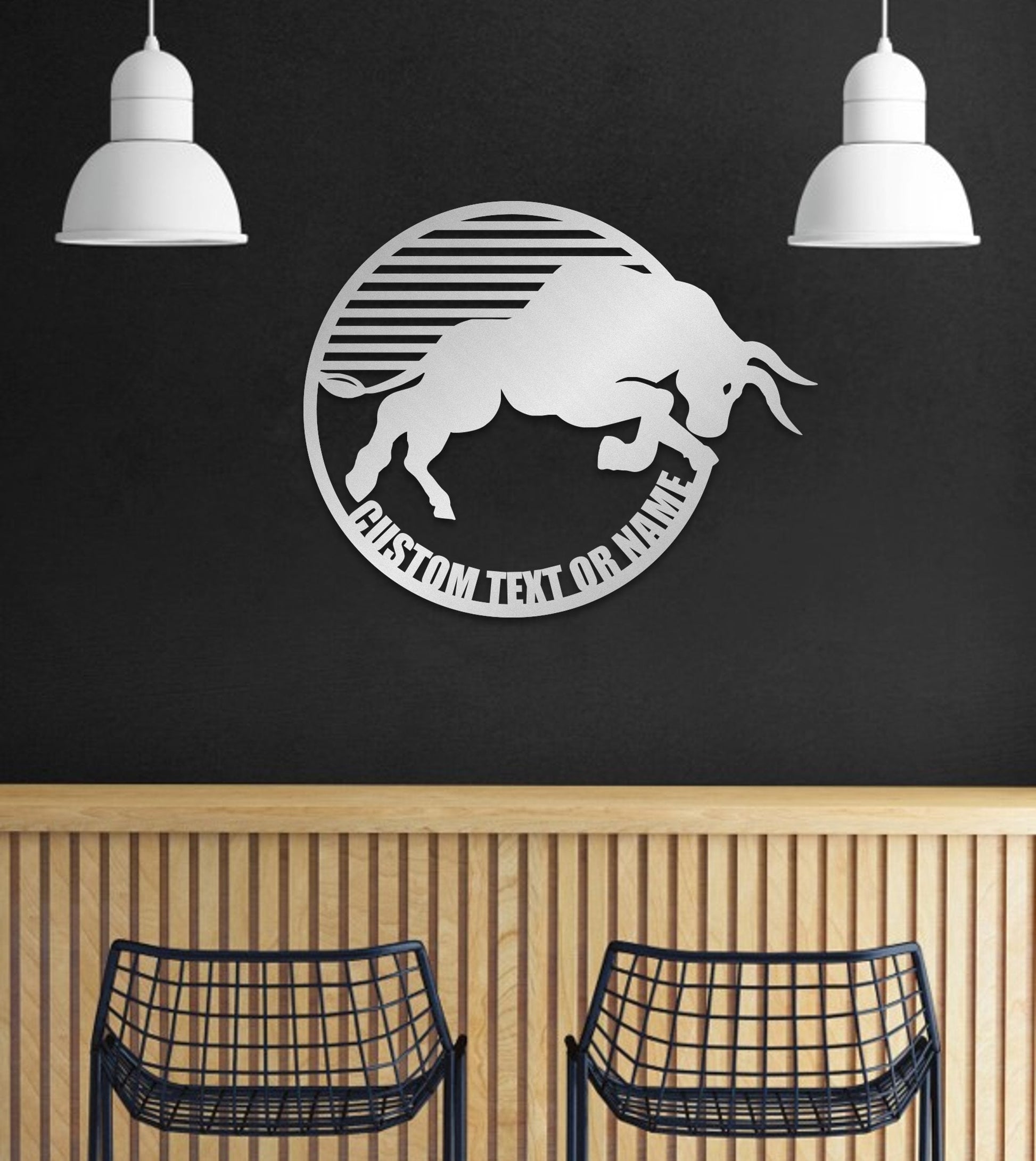 May include: A metal wall decor with a white silhouette of a bull jumping in a circle with the text 'CUSTOM TEXT OR NAME' around the outside.
