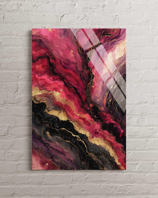 Abstract Tempered Glass Wall Art - Pink Black Marble Vibrant Alcohol Ink Design