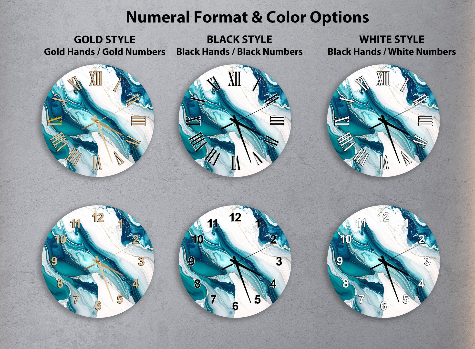 six different clock designs with varying styles and color options, including gold, black, white, and marble-style clocks.