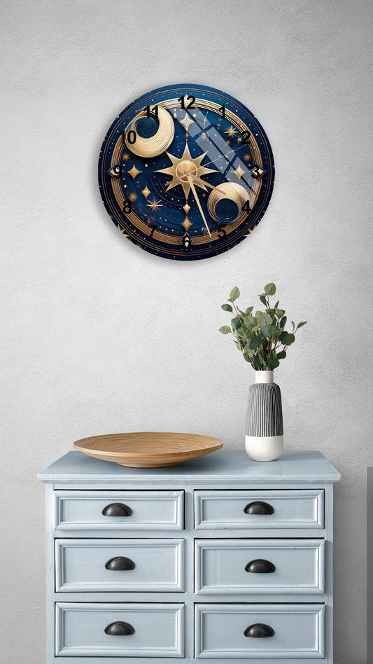 Tempered Glass Wall Clock – Celestial Moon Phases Design | Gold Navy Decor