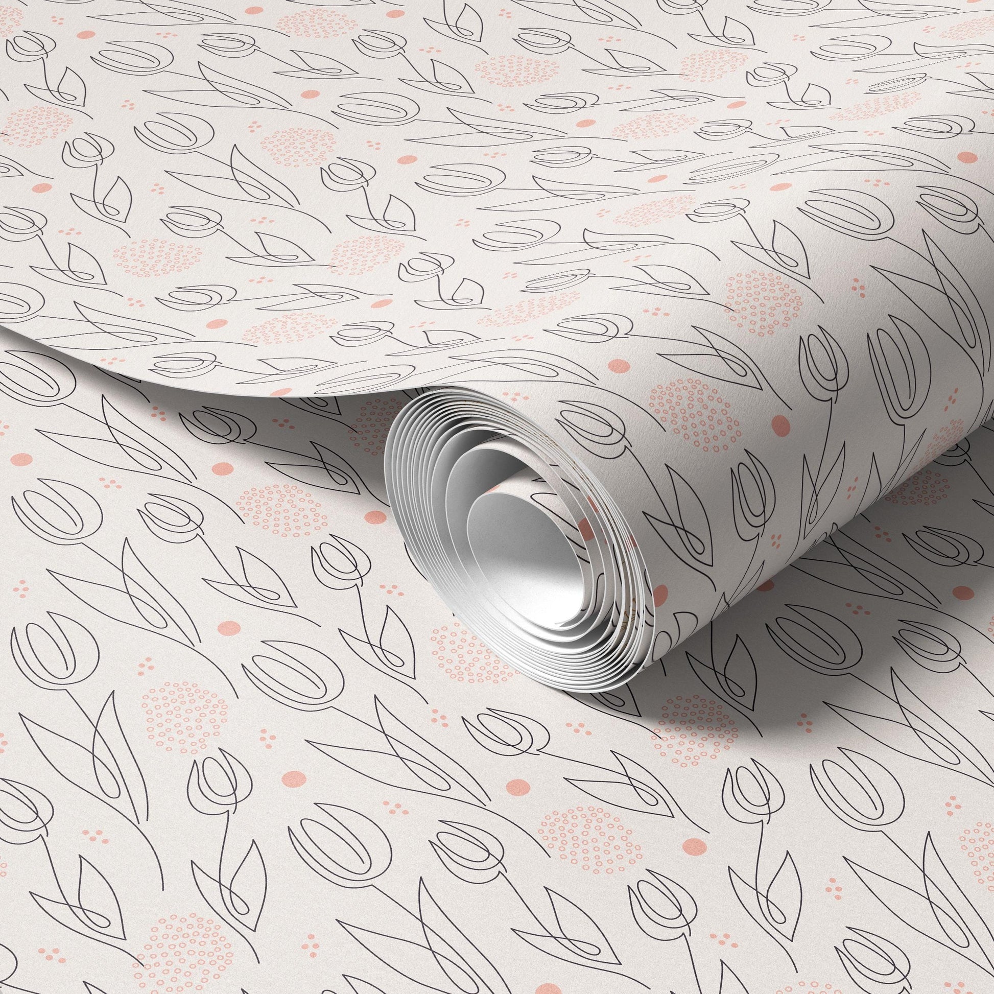 a roll of paper with a repeating pattern of black and white lines and small circles, creating a visually appealing and decorative design.