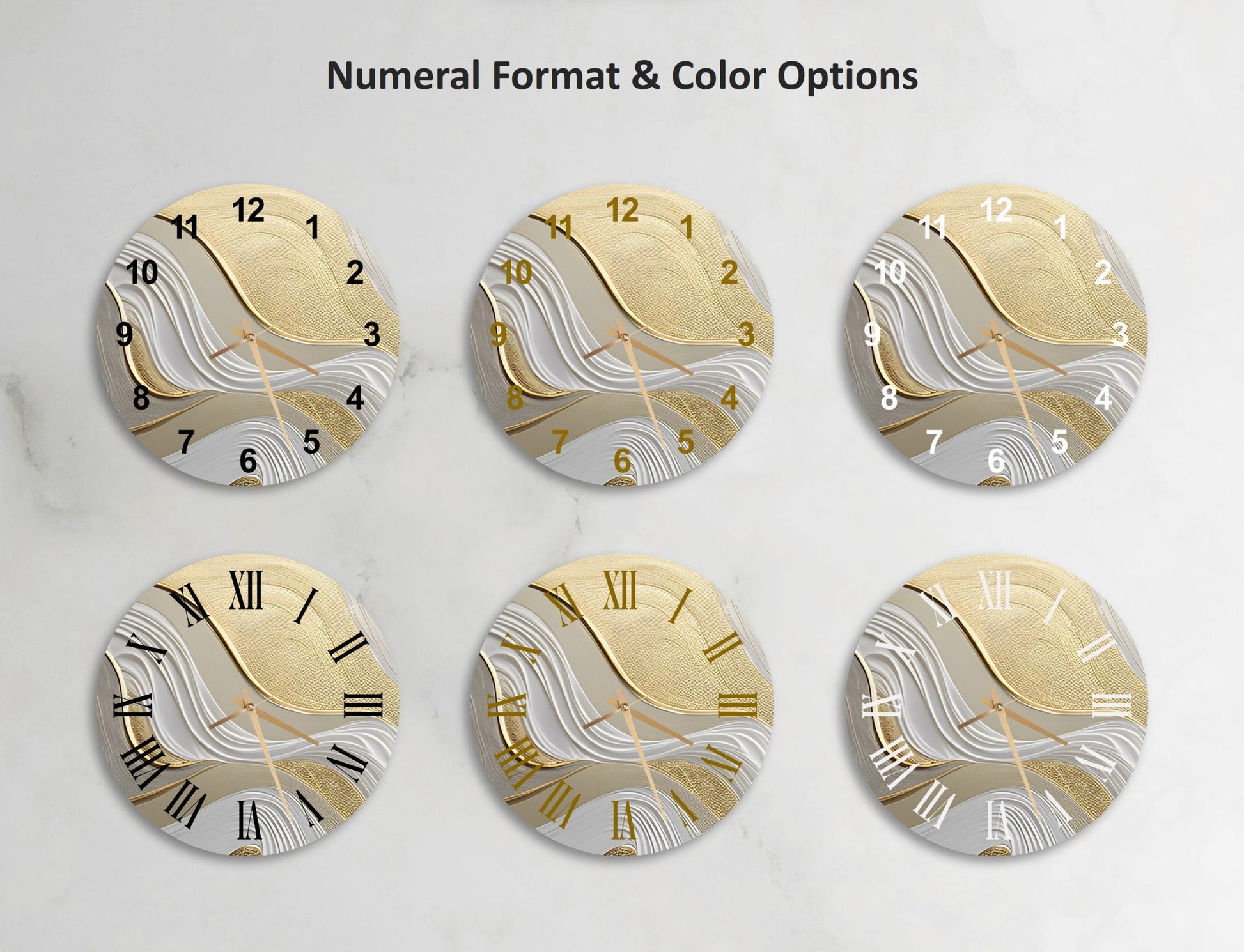 a set of four gold and white clocks with roman numerals