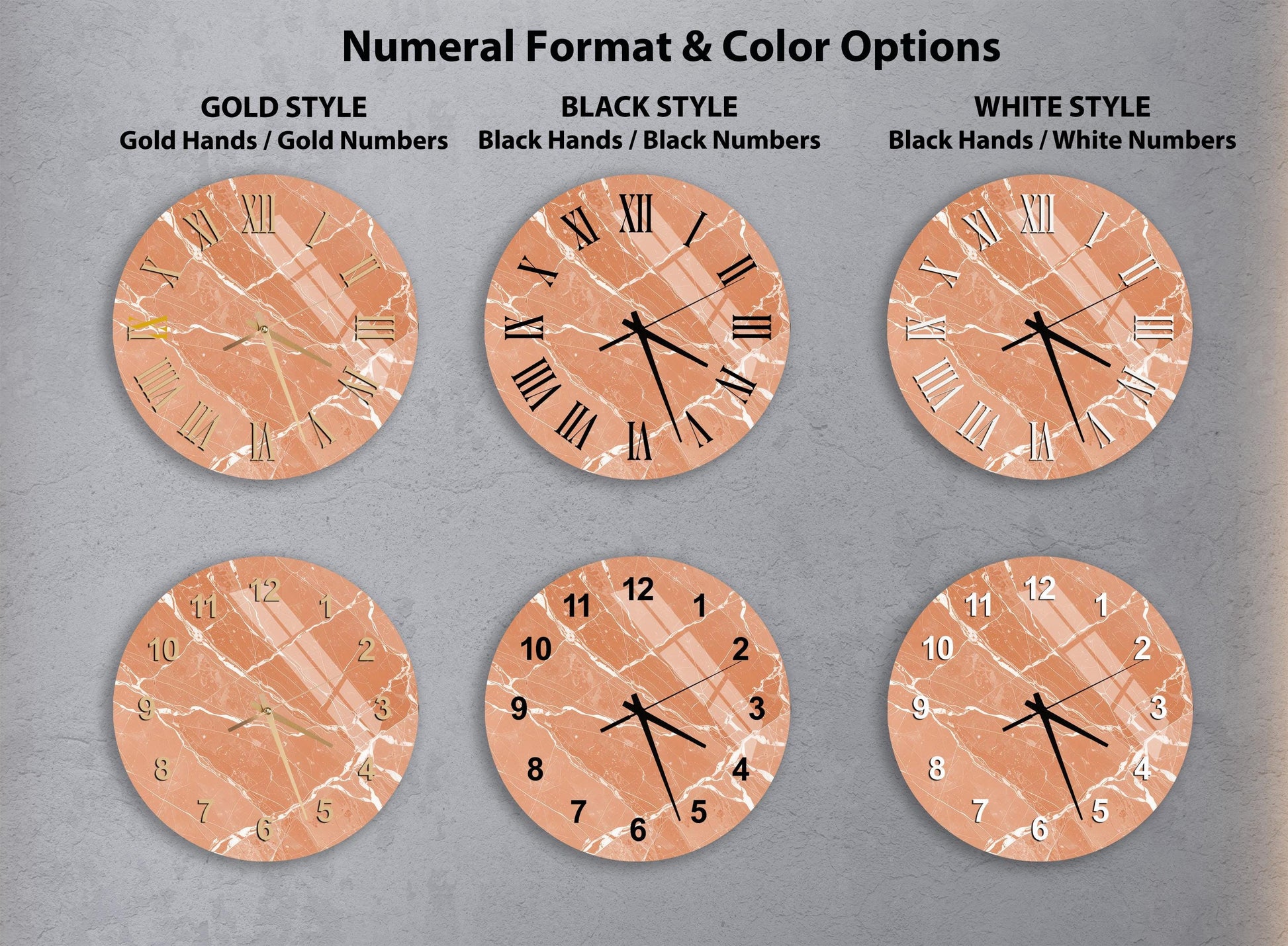 six different clock faces with various styles and color options, including gold, black, white, and marble.