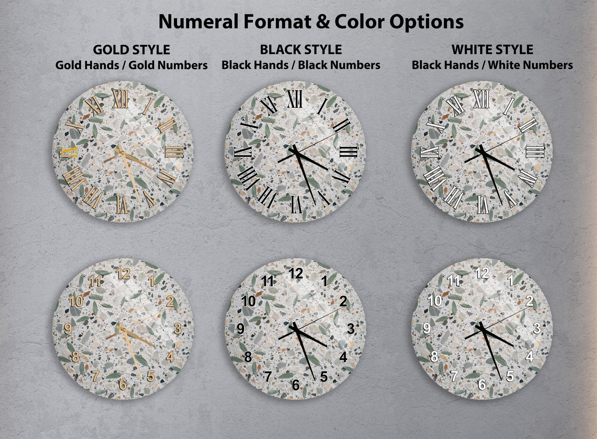a collection of six different wall clocks with various styles and color options, including gold hands, black hands, black numbers, and white numbers.
