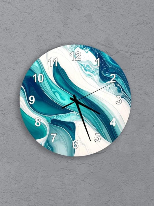six round wall clocks with unique designs, arranged in a grid pattern on a gray background.