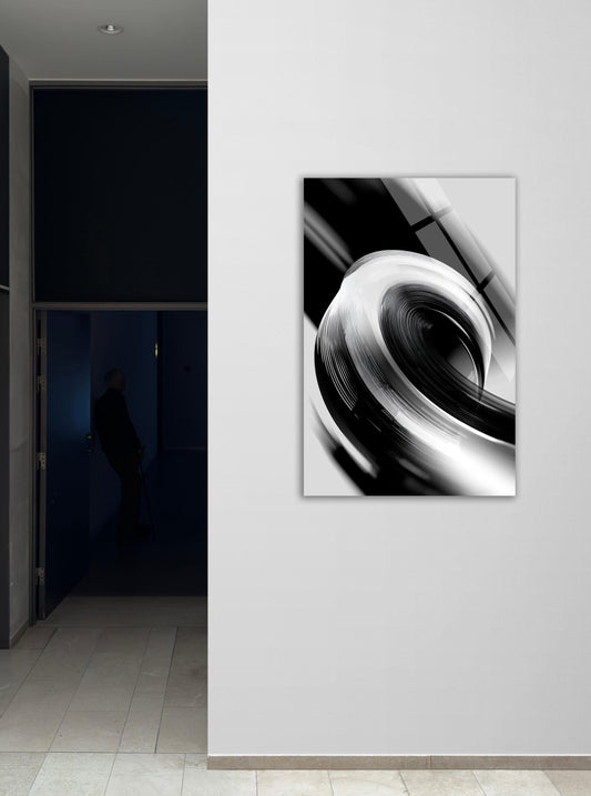 Abstract Swirl Tempered Glass Wall Art – Large Monochrome Spiral Design Print