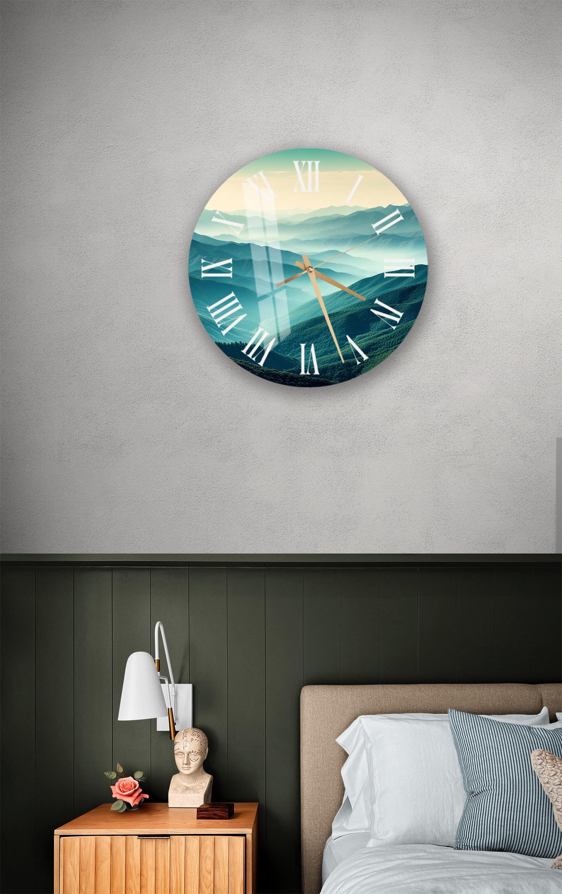 a bedroom with a bed and a clock on the wall