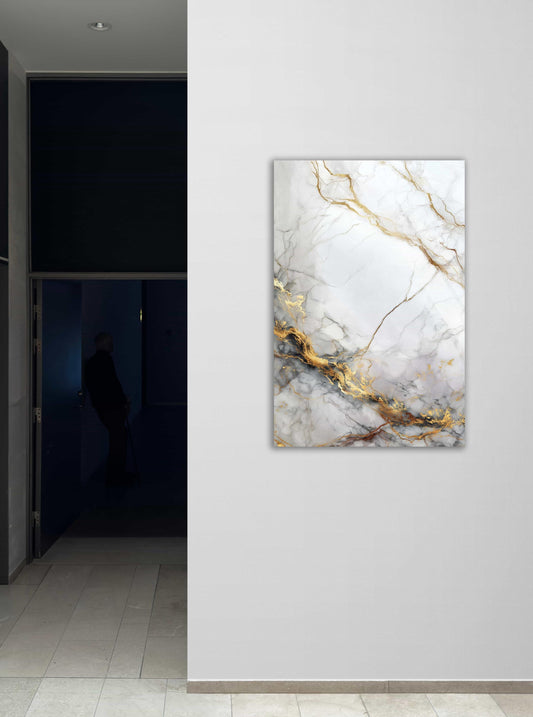 Abstract Tempered Glass Wall Art – White Marble Art with Gold Vein Texture, Luxury Stone Print