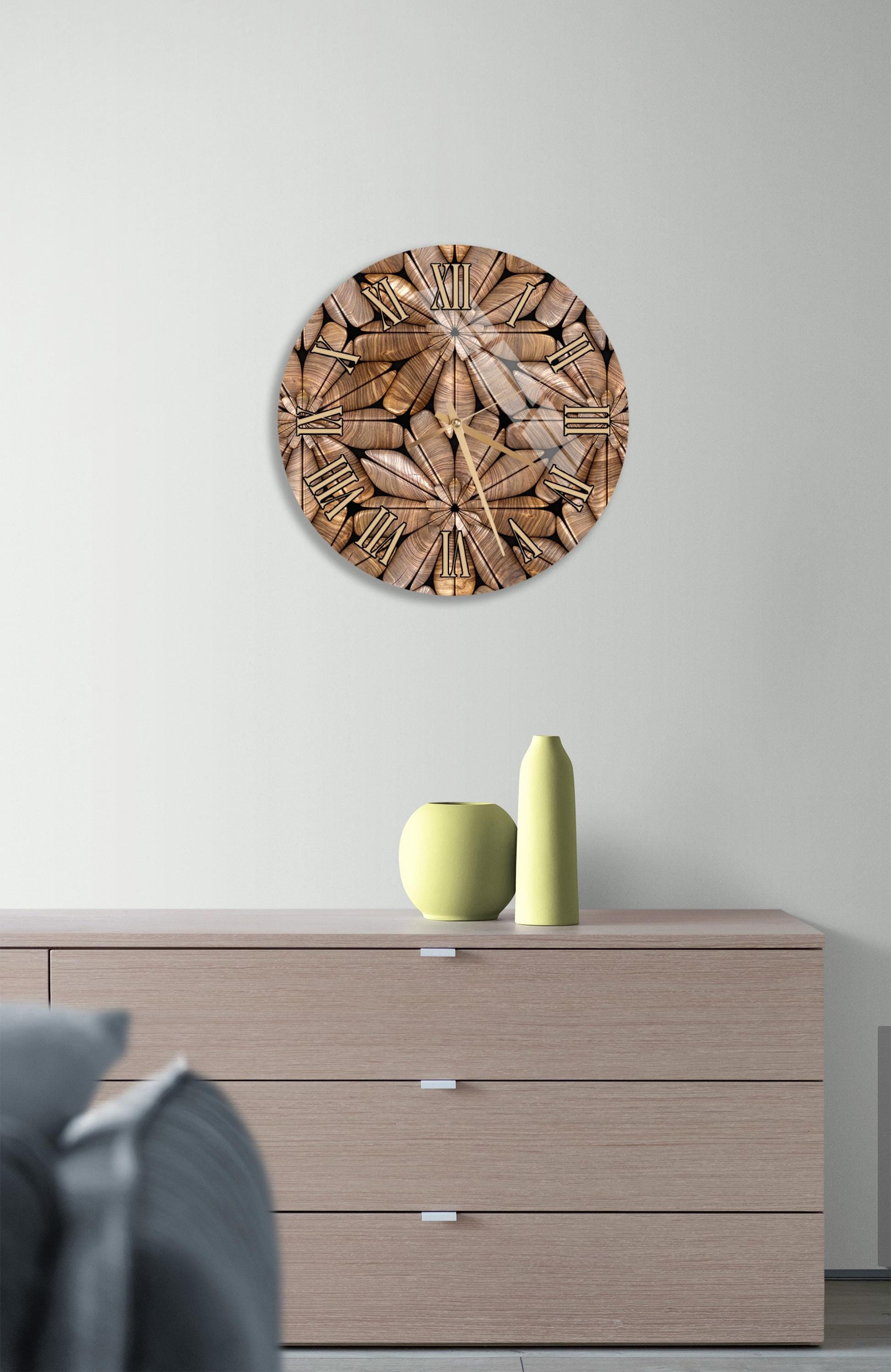 a modern living room with a wooden dresser, a decorative clock, and a vase on top of the dresser.