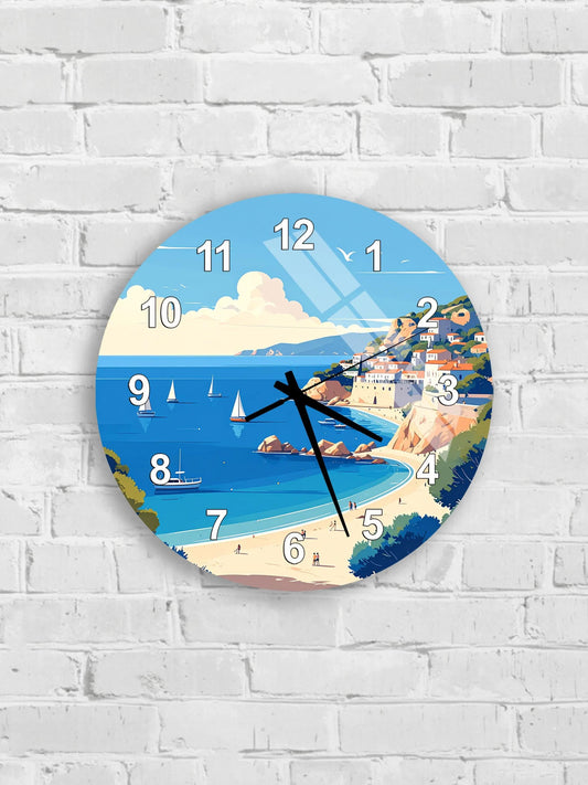 A wall clock with a beach scene and sailboats on the water.