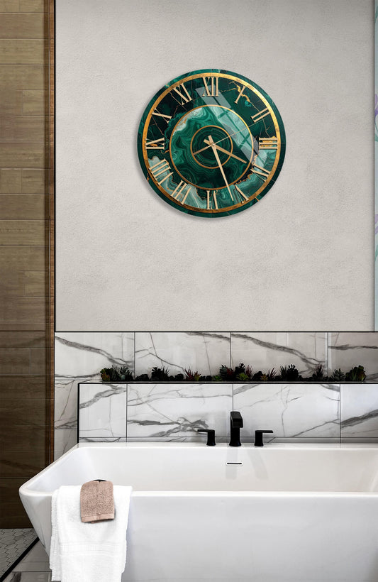 Tempered Glass Wall Clock – Green Marble Design With Gold Accents | Modern Decor
