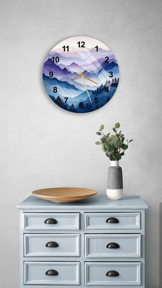 Tempered Glass Wall Clock – Blue Purple Abstract Mountain, Stylish Modern Decor