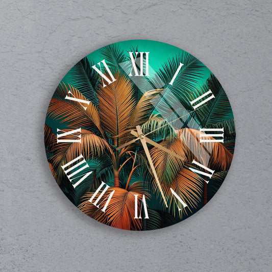 a clock on a wall with palm trees in the background