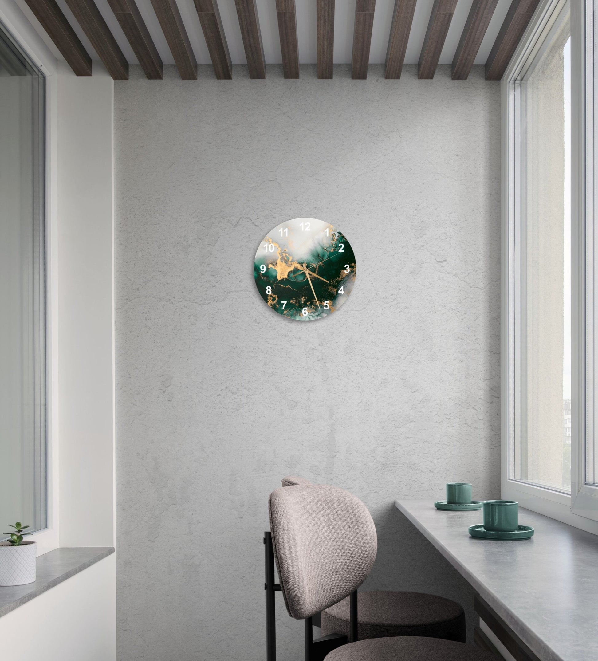 a room with a chair and a clock on the wall