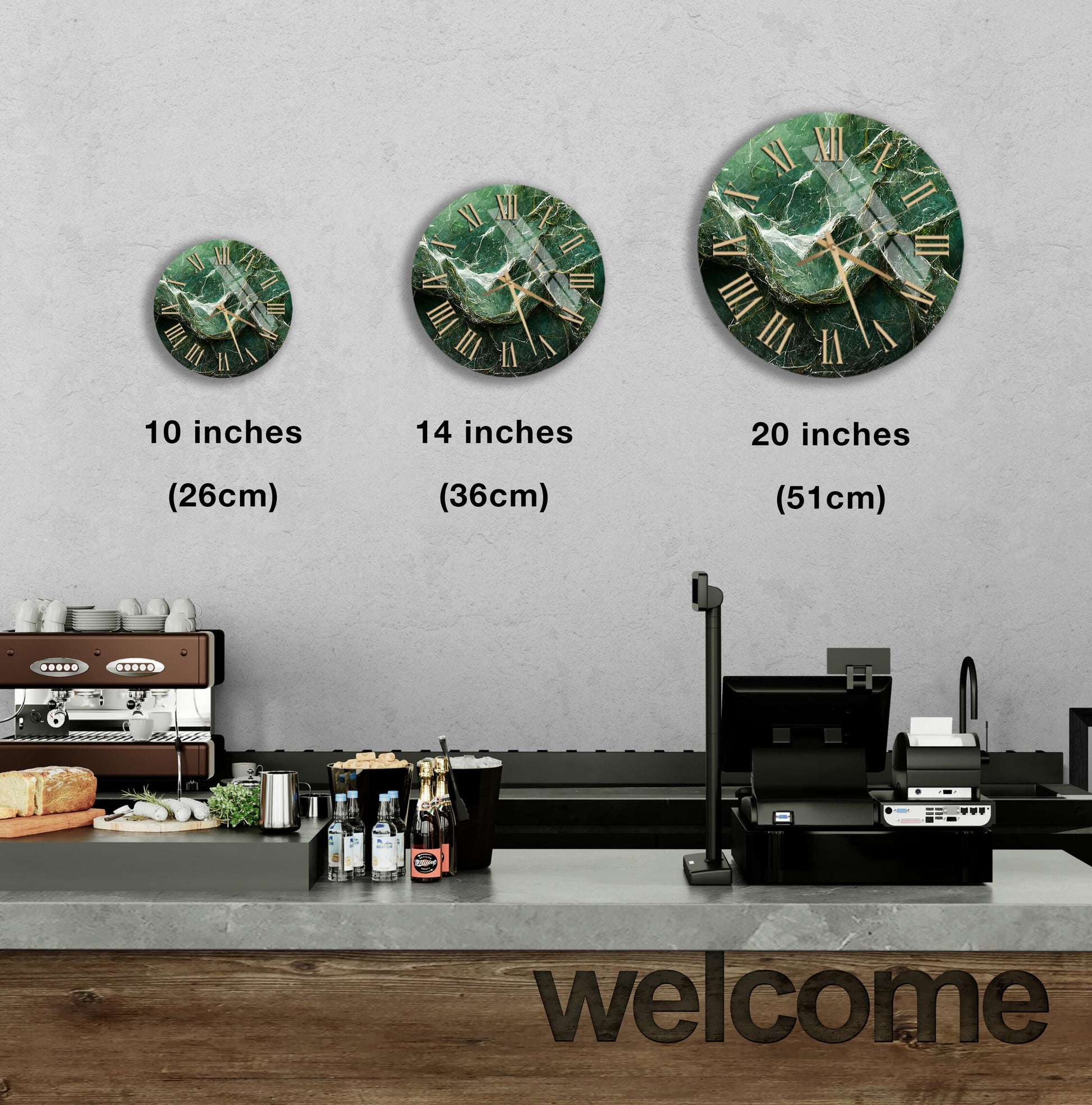 a counter with a cash register, a coffee machine, and a welcome sign. There are three clock faces displayed on the wall, each with a different size.