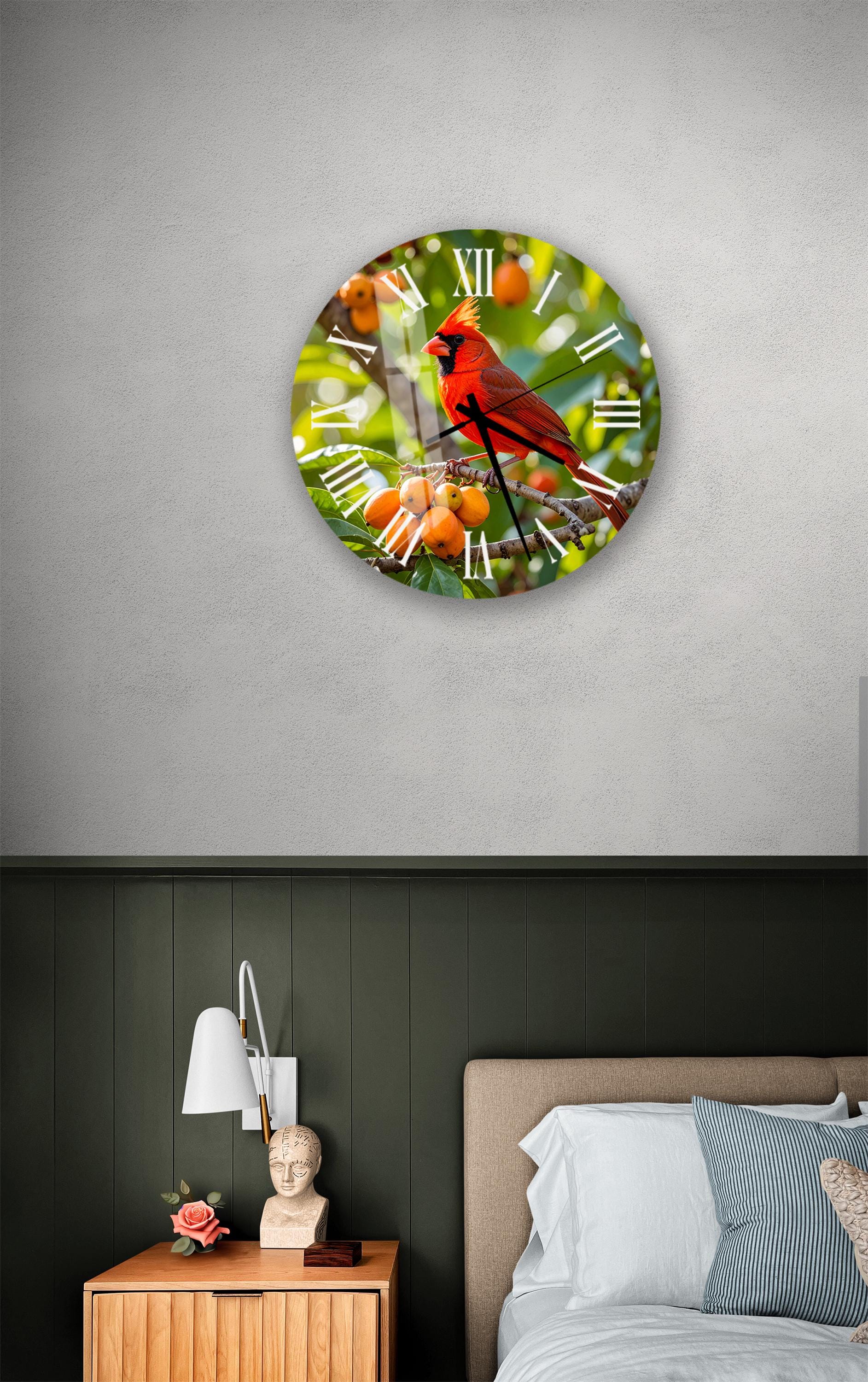 a bedroom setting with a large clock on the wall displaying a red cardinal bird perched on a branch with oranges.