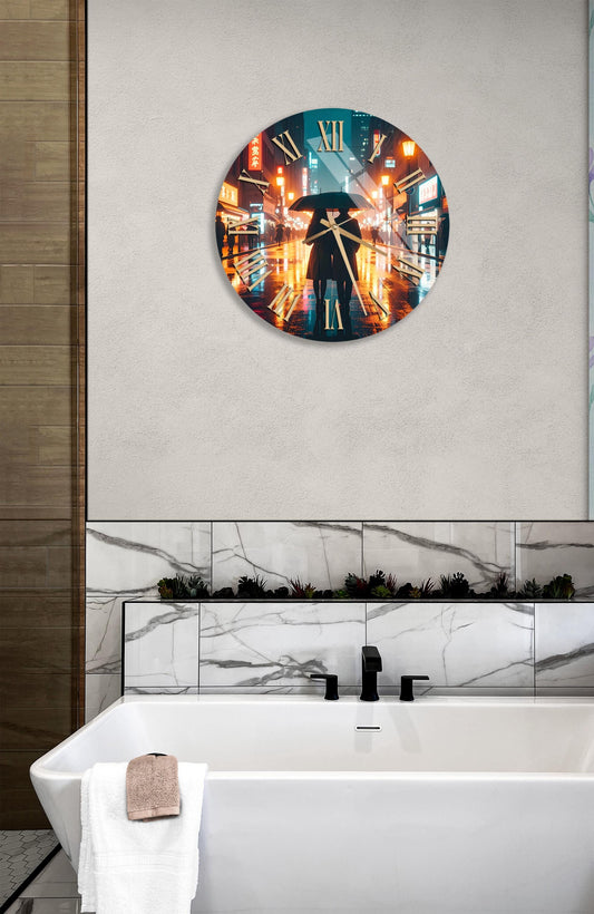 Tempered Glass Wall Clock – Cityscape Art, Romantic Night, Gold Hands Design