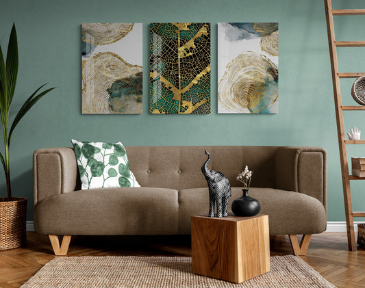 Tempered Glass Wall Art - Large 3 Piece Green And Gold Nature Style Decor