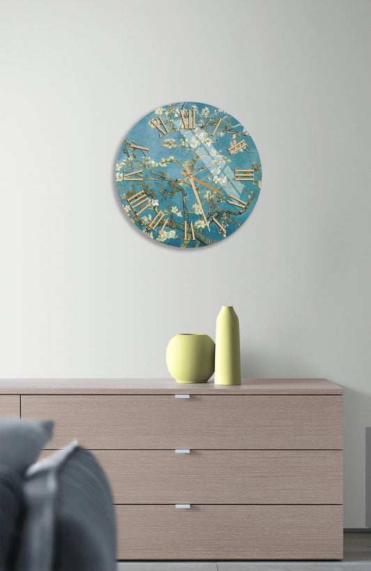 Tempered Glass Wall Clock - Van Gogh Almond Blossoms Floral Art, Silent Decor