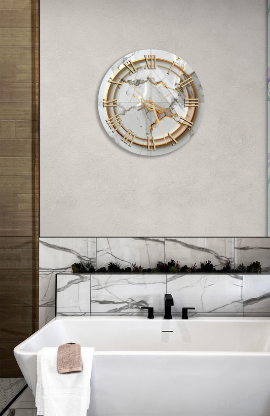 Gold Marble Wall Clock – Tempered Glass, Silent Sweep, Elegant Timepiece Design