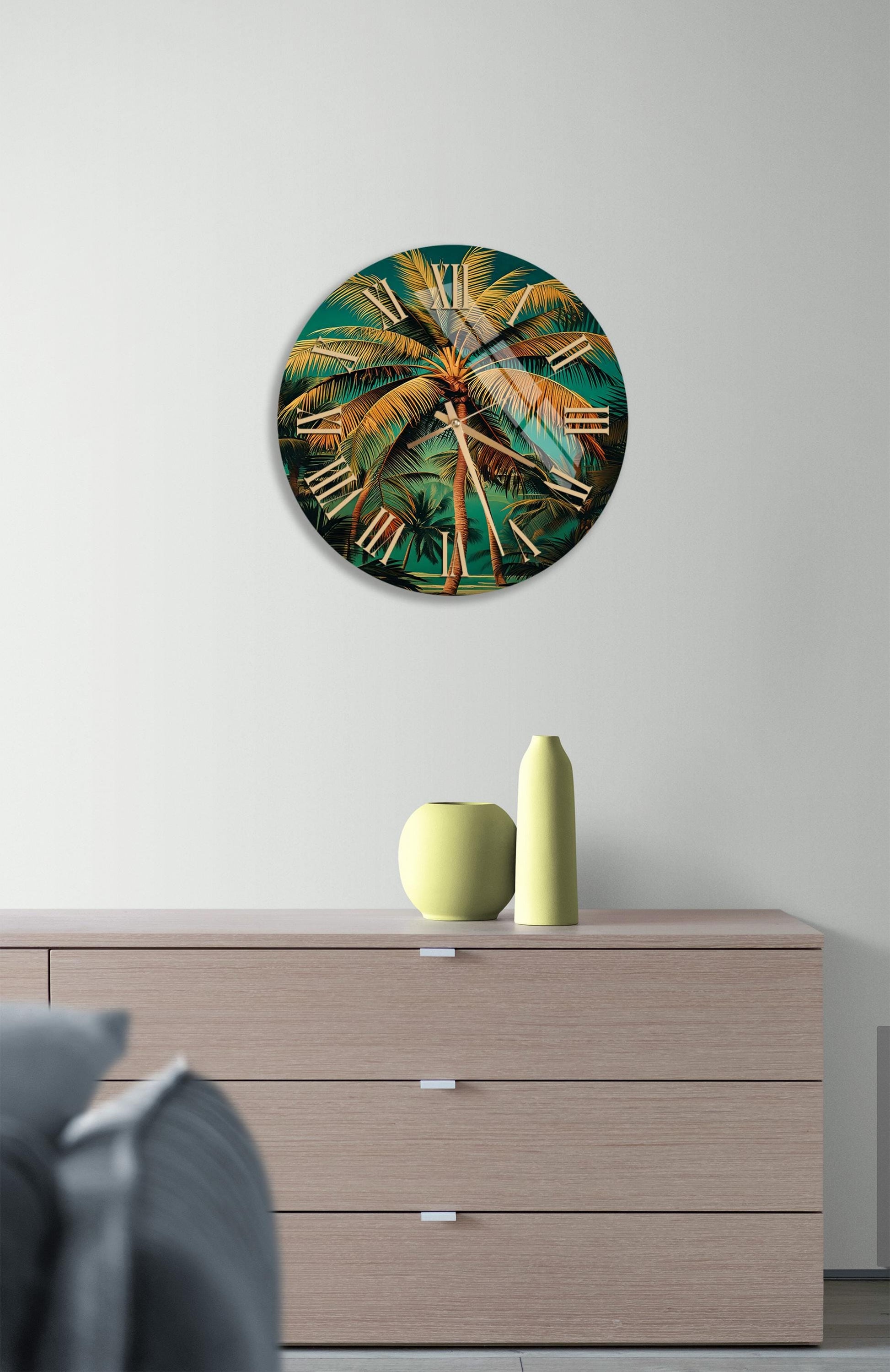a large clock on a wall above a dresser