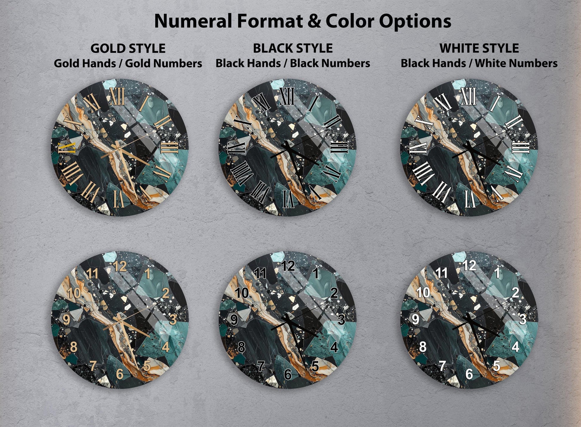 a collection of six clock faces with different styles and color options, including gold, black, white, and black and white.