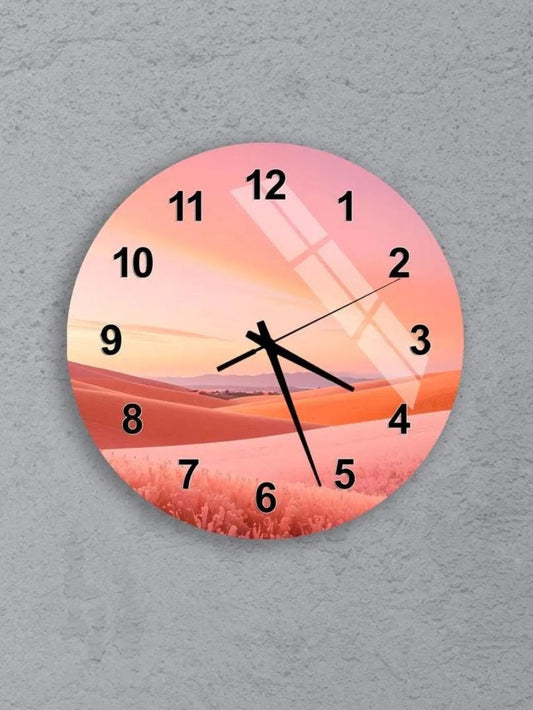 six round wall clocks with different designs, all featuring a sunset or sunrise theme.