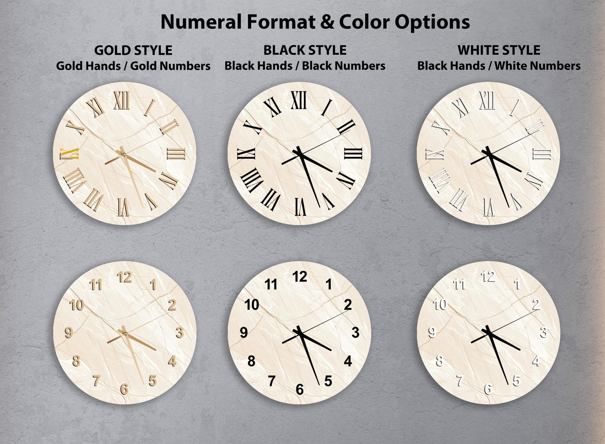 a collection of six different wall clocks, each with a unique design and color scheme. The clocks are arranged in a grid format, with two clocks in each row and two clocks in each column. The clocks feature various styles, including gold hands, gold numbers, black hands, black numbers, white hands, and white numbers. The clocks are set against a neutral gray background, allowing the colors and designs to stand out prominently.