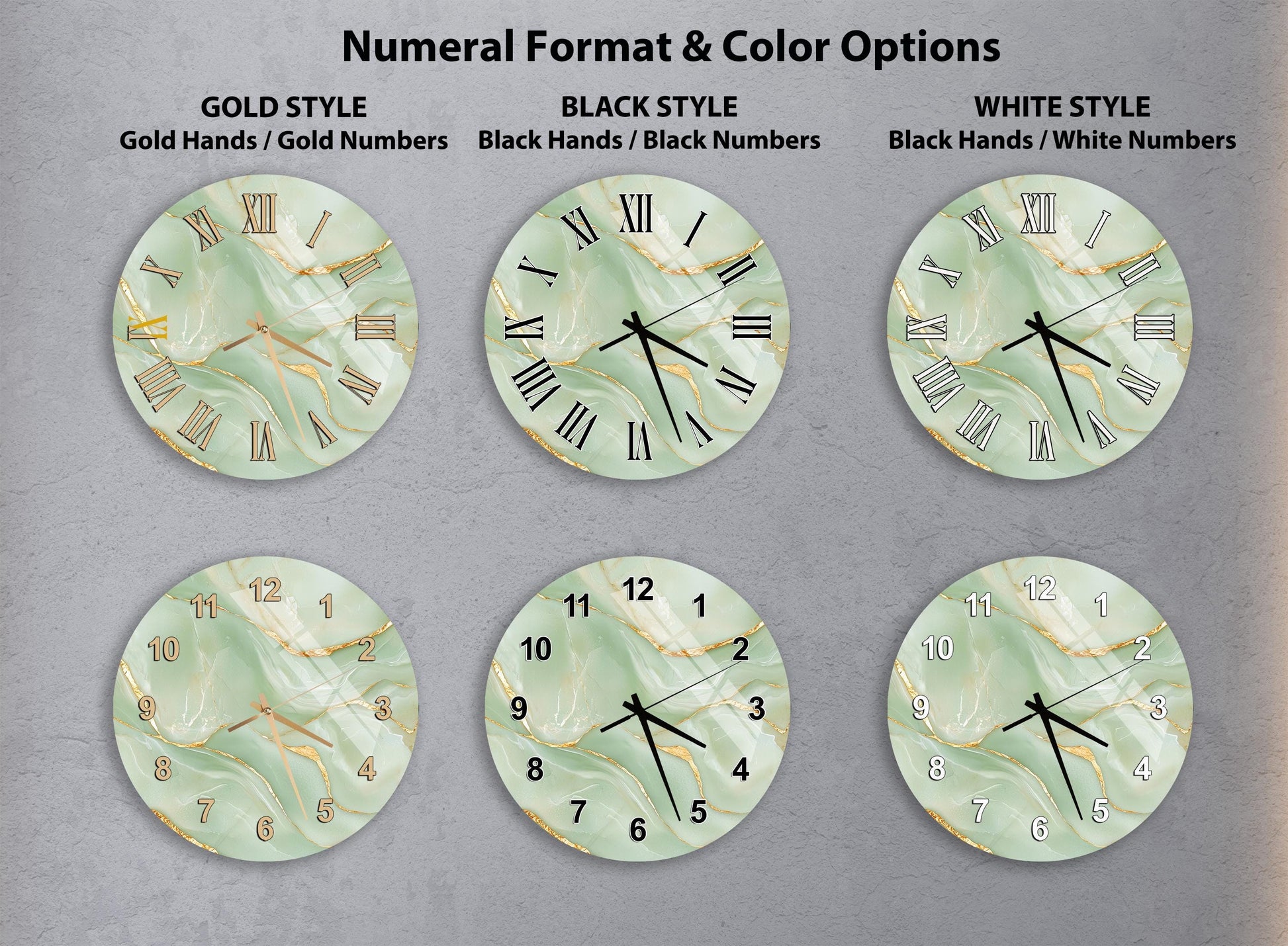 a collection of six different clock designs, each with a unique style and color option. The clocks feature a marble-like texture and are available in gold, black, and white colors.