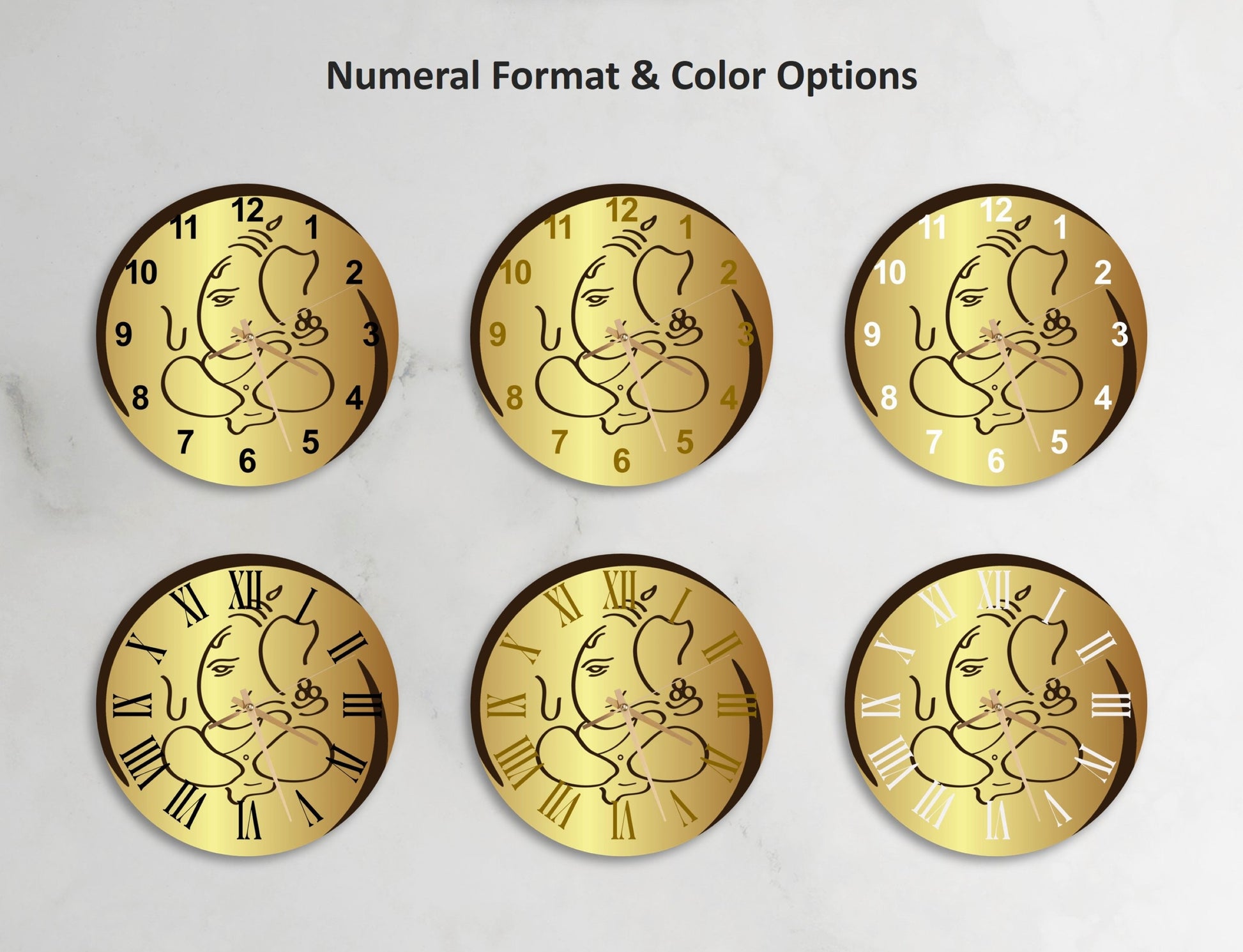 a set of four gold clocks with cartoon faces