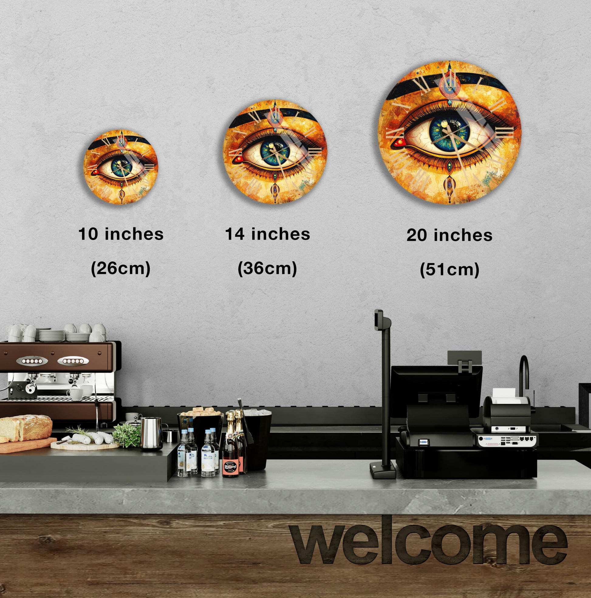 a wall with three clock designs, each representing a different size: 10 inches, 14 inches, and 20 inches. Below the clock images, there is a counter with a cash register and a welcome sign.