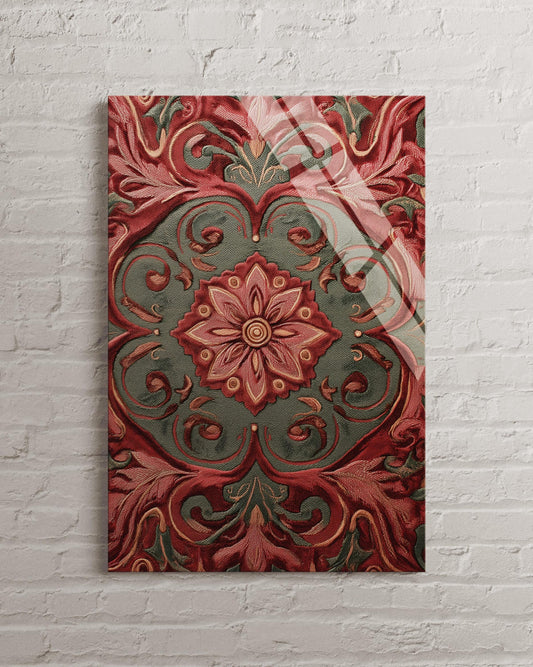 Floral Damask Tempered Glass Wall Art – Vintage Mandala, Ornate Tapestry Design