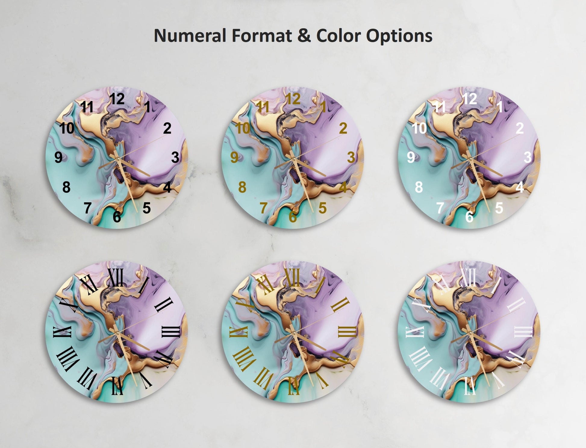 a set of four clocks with different designs on them