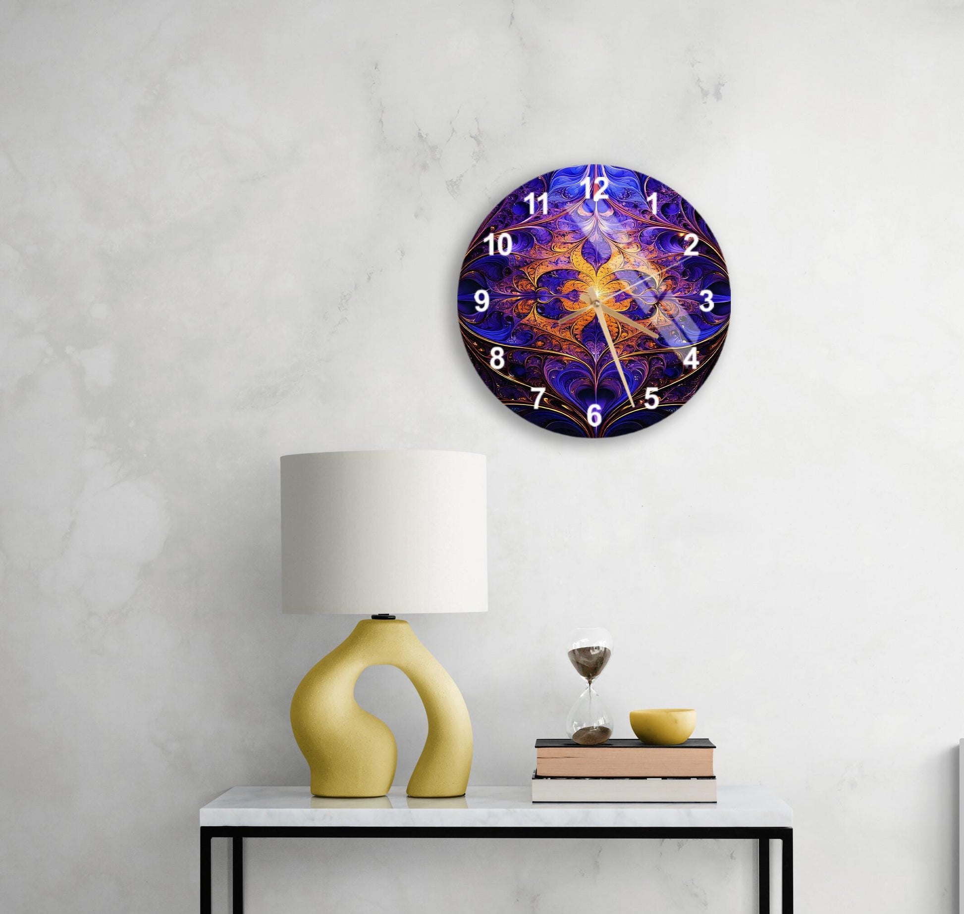 a table with a lamp and a clock on it