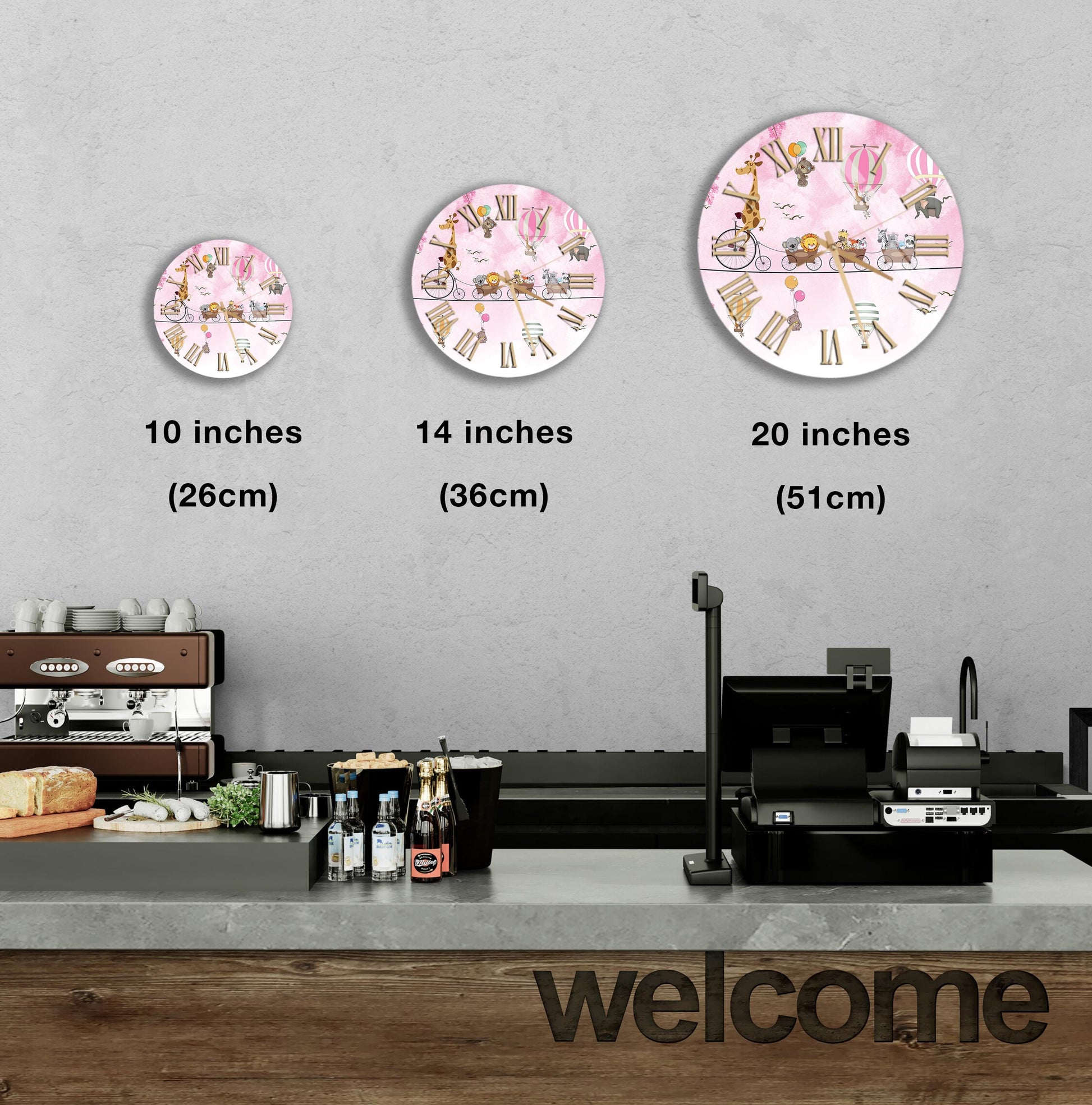 a wall with three different sizes of round wall clocks, each with a unique design, and a counter with various items such as bottles and a cash register.
