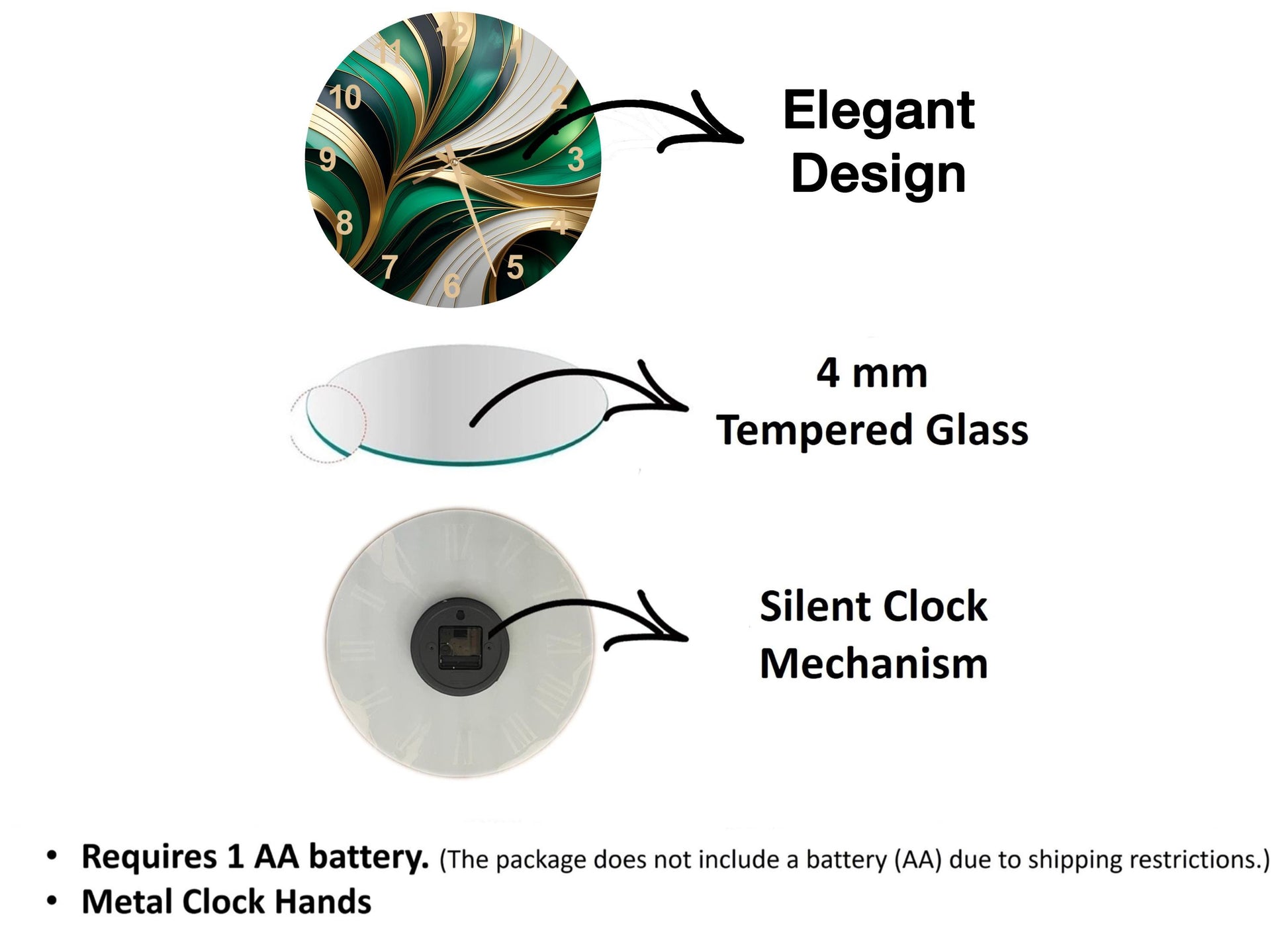 The image is a diagram that illustrates the features of a clock, including its design, size, and mechanism. It shows a 4 mm Tempered Glass clock face, a silent clock mechanism, and a metal clock hand. The diagram also includes text that explains the features of the clock, such as the requirement of a 1 AA battery and the absence of a battery (AA) due to shipping restrictions.