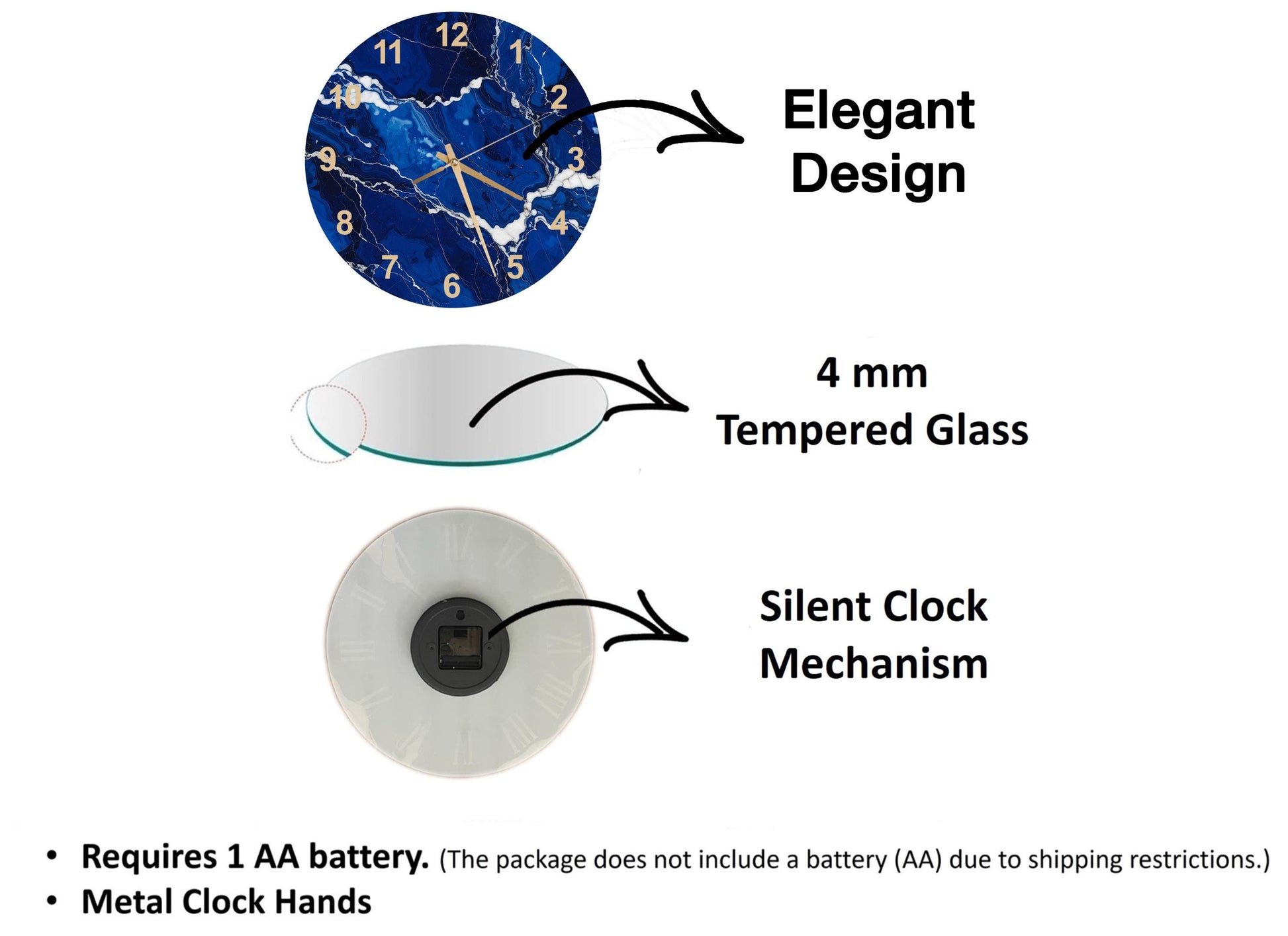 The image is a diagram that illustrates the features of a clock, including its design, size, and mechanism. It shows a 4 mm Tempered Glass clock, a silent clock mechanism, and a metal clock hand. The diagram also includes text that explains the features of the clock, such as the requirement of a 1 AA battery and the absence of a battery (AA) due to shipping restrictions.