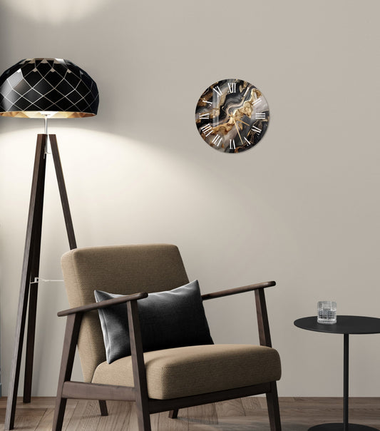 a living room with a chair and a clock on the wall