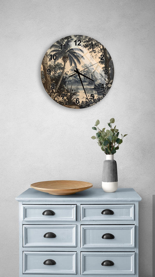 a wall clock with a tropical landscape design, a wooden bowl on a light blue dresser, and a vase with greenery.
