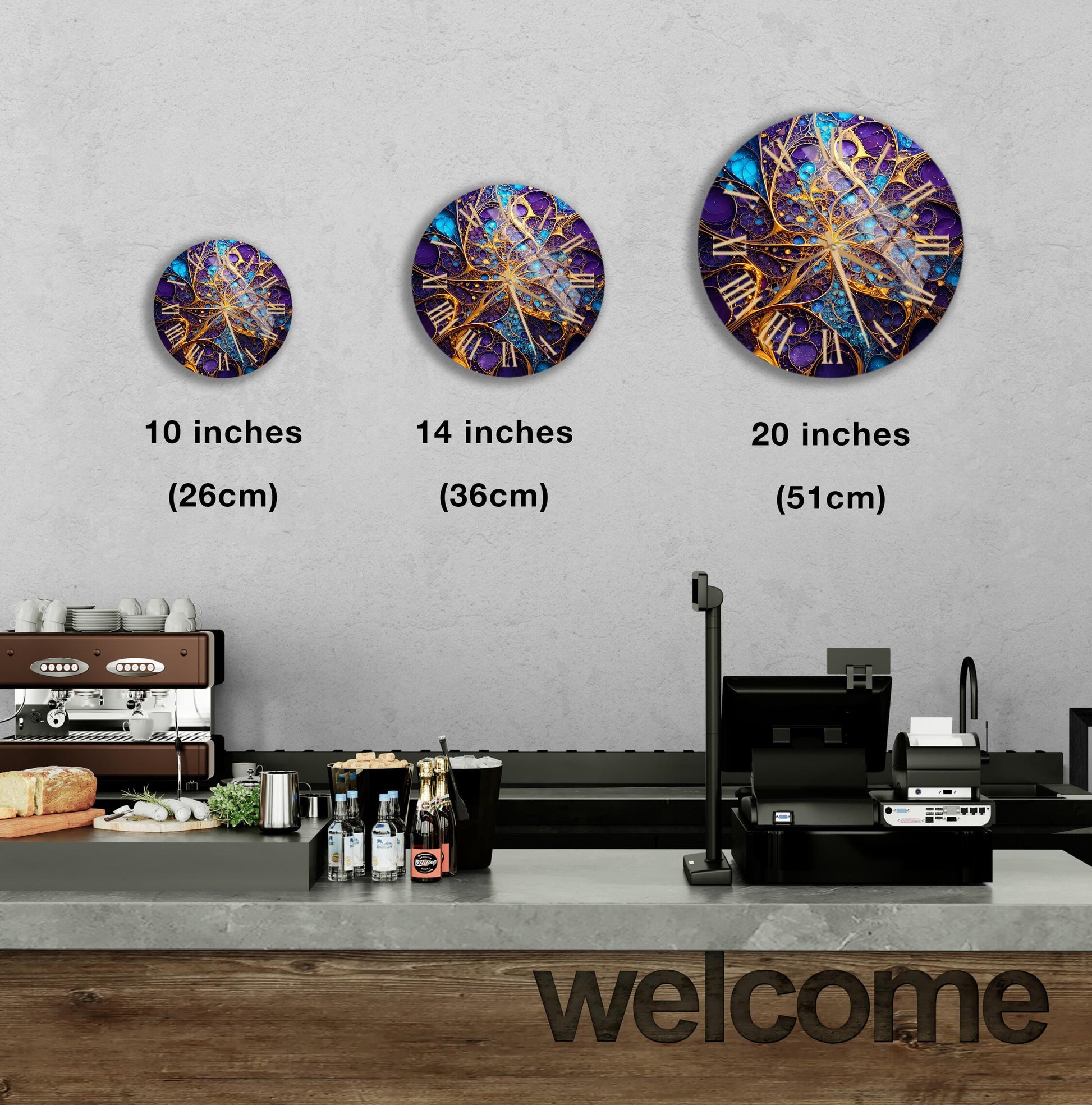 a kitchen counter with three clocks on the wall above it