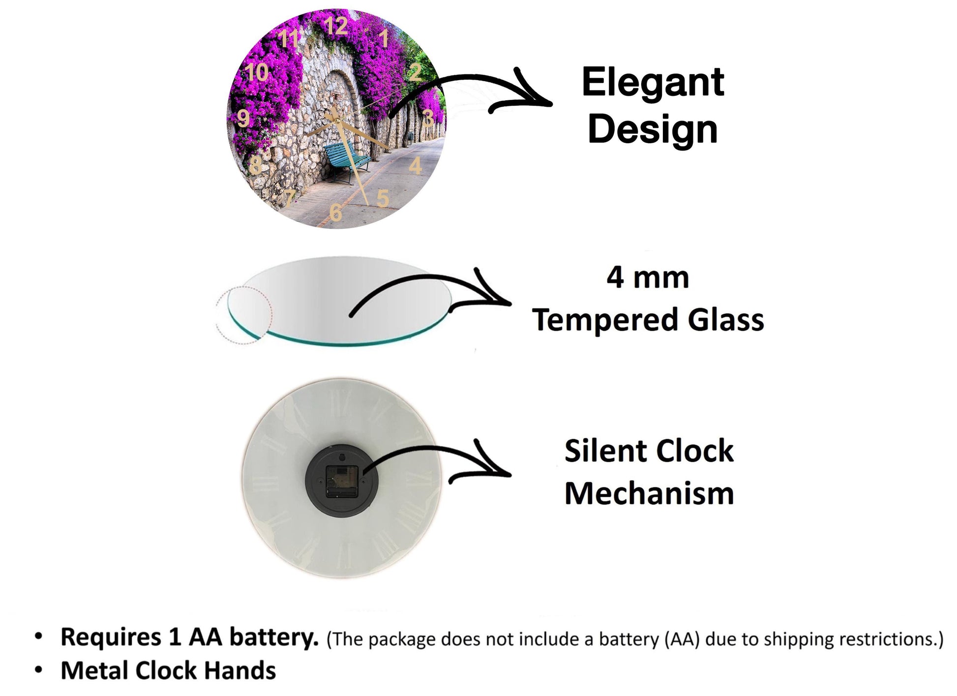 The image is a product description for a clock, detailing its features and specifications. It includes a 4 mm Tempered Glass face, a Silent Clock Mechanism, and Metal Clock Hands. The product requires a 1 AA battery, and it does not include a battery (AA) due to shipping restrictions.