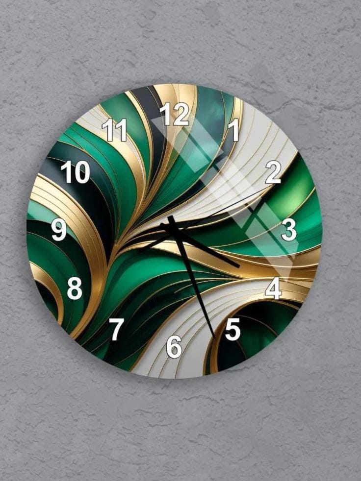 six round wall clocks with unique designs, arranged in a grid pattern on a gray background.