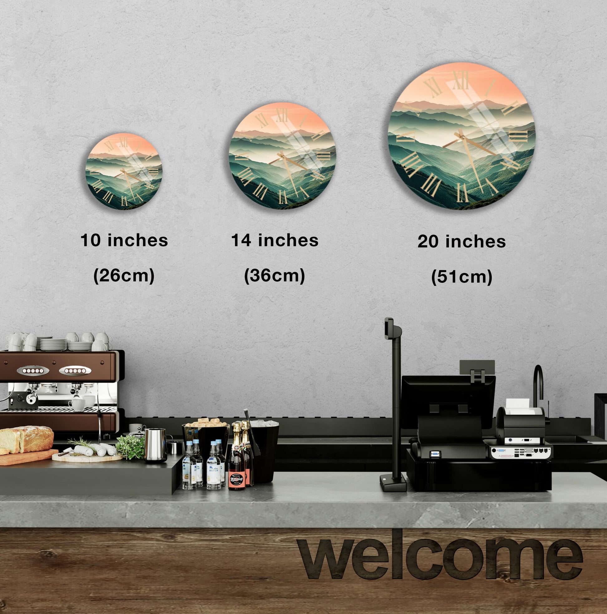 a coffee shop counter with three clocks on the wall