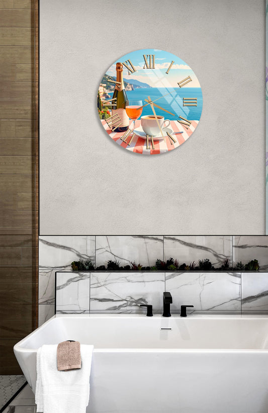 Tempered Glass Wall Clock – Champagne Wine Decor, Coastal Cafe Theme, Gold Hands