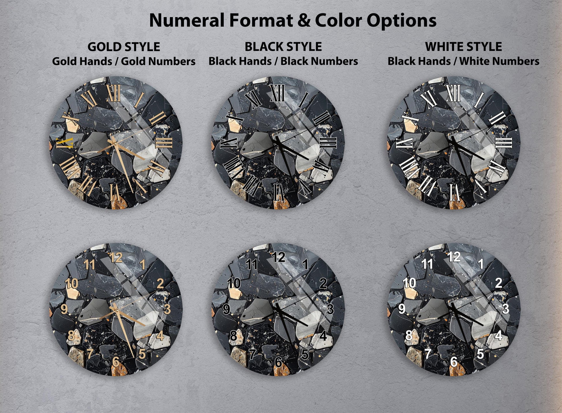 six different clock designs, each with a unique style and color option. The clocks feature a black and white color scheme with gold accents, and the styles include gold hands, black hands, and black numbers.